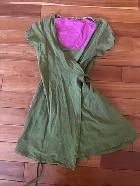 Gudrun sjoden Olive Green Wrap Dress Pink Lining fit and flare mini scandi cute